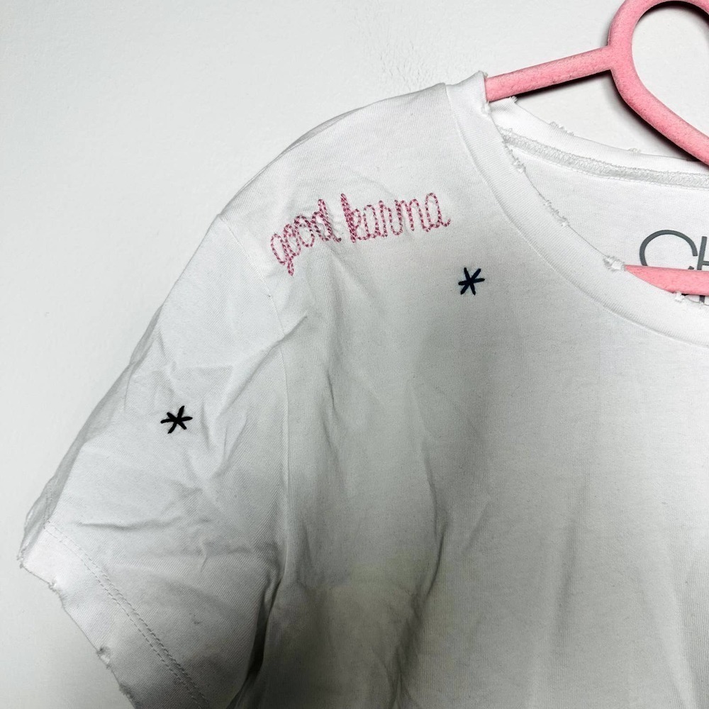 Chaser NWT Crew Neck Short Sleveless Embroidered Chatty Tee Shirt White Medium - Picture 5 of 9
